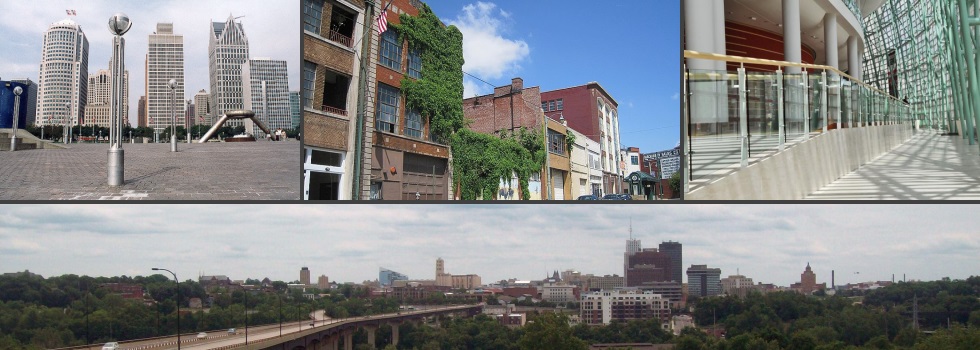 CW from top left: Detroit; Memphis; Dayton; Akron